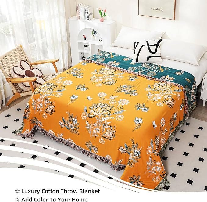 VANJOROY Boho Throw Blanket, 100% Organic Cotton Breathable Skin-Friendly Ultra Soft 50" x 60" Bed Yellow Throw - Floral Rustic Decor Luxury Reversible Blanket for Sofa Couch Chair and Gift,