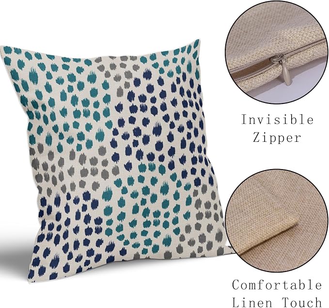 Navy Blue Teal Pillow Covers 16x16 Set of 2 Boho Design Polka Dot Throw Pillows Modern Art Trendy Print Decorative Outdoor Pillowcase Square Cushion Cover Linen Pillow Case for Home Sofa Couch Bed