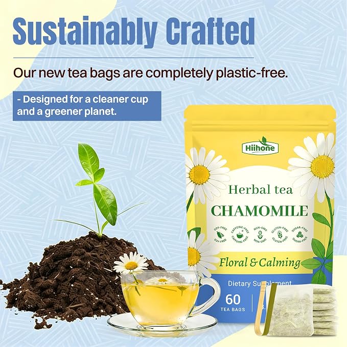 Hiihone Chamomile Tea Bags 60 Count – Pure Chamomile Herbal Tea, Caffeine-Free, Supports Relaxation & Stress Relief, Premium Floral Chamomile, Non-GMO Natural Herbal Tea