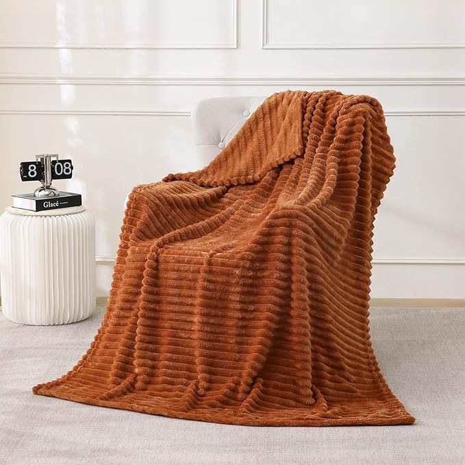 Burnt Orange Fleece Throw Blanket 90”×90” for Couch Sofa Livingroom | Linecooo Super Soft Cozy Plush Microfiber Flannel Bed Blanket Striped Design Lightweight Home Decor Gifts for Adult Mom Women