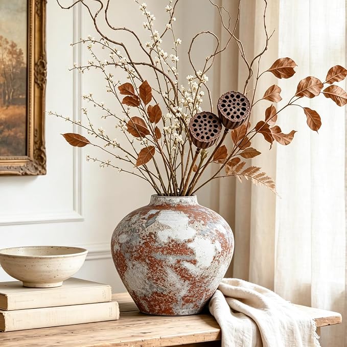 Ceramic Flower Vase Rustic Farmhouse Home Decor | 6.3 Inch Handcrafted Decorative Vase, Ideal Table Decor for Living Room, Wedding, Birthday Holiday