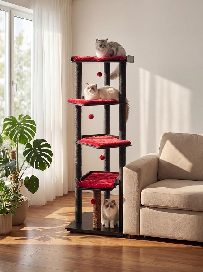FourFurPets Heavy Duty Cat Tree, 67.7" Cat Tree for Indoor Cats Large Adult, Modern Cat Tower for Large Cats, Cat Tower with Scratching Post, Large Perch and Removable Pads,Black & Red
