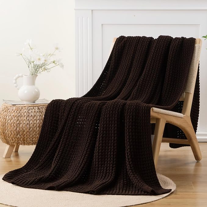Brown Throw Blanket for Couch, Soft Chenille Knit Throw Blanket 60x80in | Chunky Waffle Knitted Blanket, Chocolate Brown Cable Knit Throw for Bed Sofa Living Room, Lightweight Warm Decorative Blanket