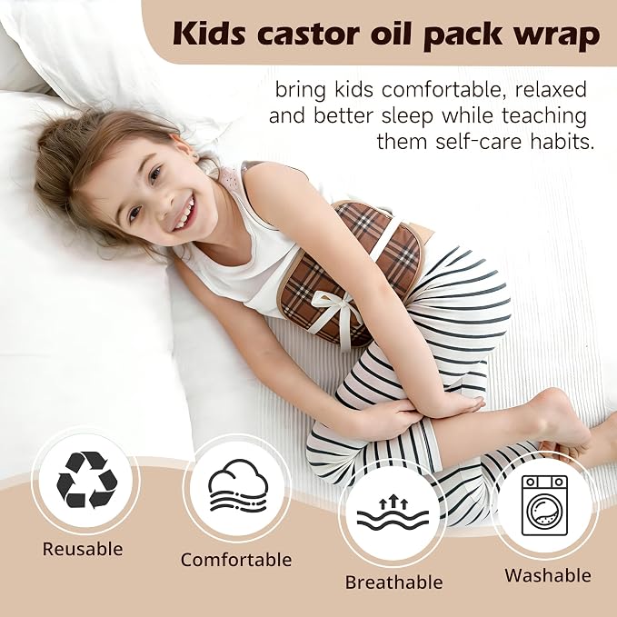wegreeco Kids Castor Oil Pack Wrap, Reusable Kids Castor Oil Packs for Liver Stomach, Machine Washable Anti Oil Leak 1Pc with Adjustable Strap Brown Plaid (Oil Not Included)