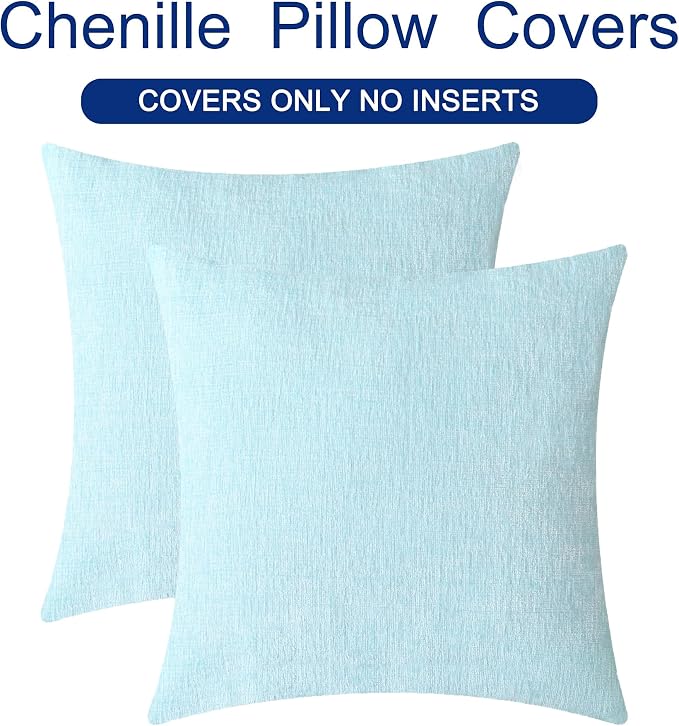 CaliTime Decorative Throw Pillow Covers 16 X 16 Inches Light Blue Grey | Pack of 2, Cozy Chenille Cushion Cases for Couch Sofa Bed Living Room Farmhouse Home