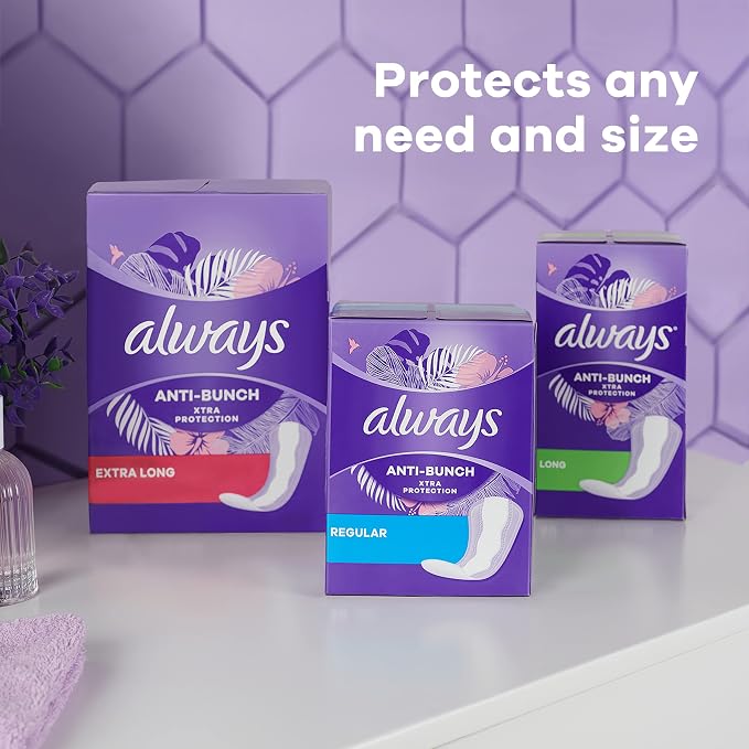 Always Panty Liners for Women Anti-Bunch Xtra Protection Daily Liners, Long, Unscented, 136 Count