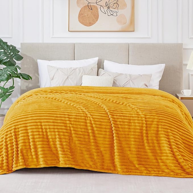 BEDELITE 3D Ribbed Mustard Yellow King Size Blankets for Bed, 108x90 Inch | Soft Warm Decorative Fluffy Blanket, Cozy Fuzzy Lightweight Plush Fleece Throw Blankets for Bed, Room Decor, Gift for Women