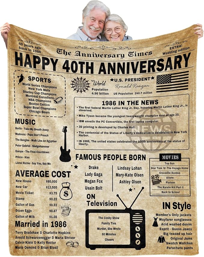 40th Anniversary Blanket Gifts Gift for 40th Wedding Anniversary Ruby Wedding Forty Years of Marriage Gifts for Couple Wife Husband Dad Mom Parents Back in 1986 Throw Blanket 60Lx50W Inch