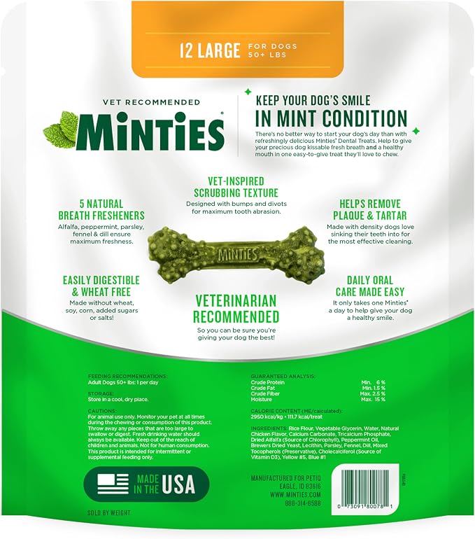 Minties Dental Chews for Dogs, 12 Count, Vet-Recommended Mint-Flavored Dog Treats for Large Breeds Over 50 lbs, Dental Bones that Clean Teeth, Fight Bad Breath, and Remove Plaque and Tartar | Vet-recommended mint dental bone; scrubs teeth as dogs chew;...