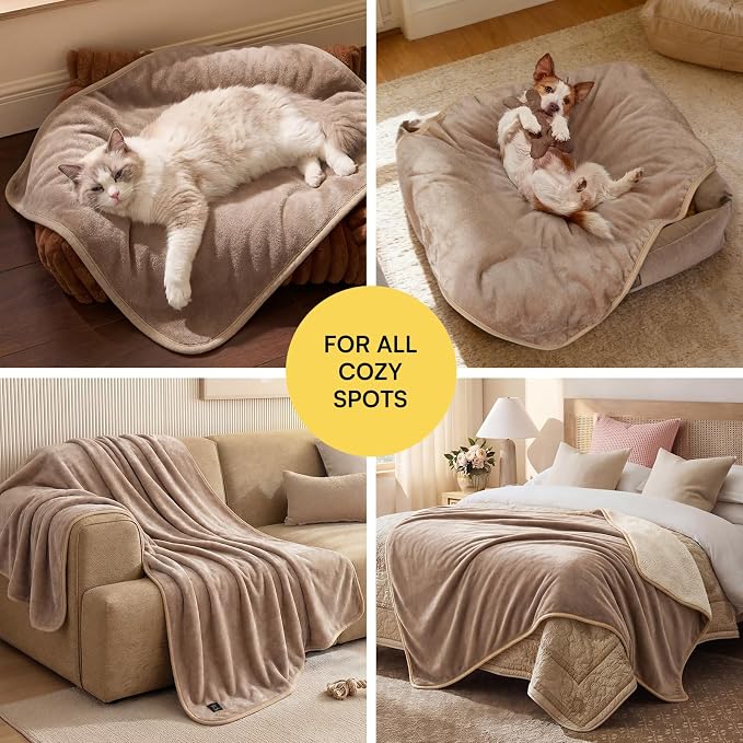 Luciphia Waterproof Pet Blanket, Washable Reversible Sherpa Fleece Throw | Liquid-proof furniture protector for bed and couch, soft reversible sherpa fleece for dogs, cats khaki, QUEEN