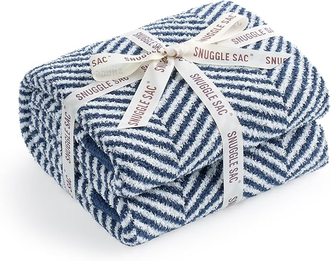 Snuggle Sac Herringbone Throw Blanket for Couch, Reversible Super Soft Warm Chervon Blankets, Cozy Knit Fuzzy Plush Lightweight Stripe Throws for Sofa, Bed, Camping, Navy, 50x60 inches