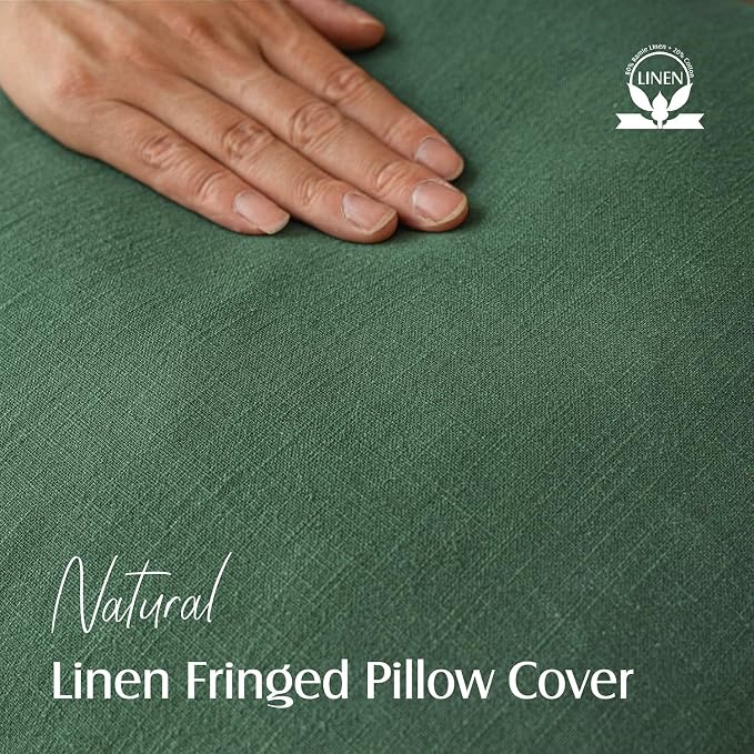 Foindtower Set of 2 Decorative Linen Fringe Throw Pillow Covers Cozy Boho Farmhouse Cushion Cover with Tassels Soft Accent Pillowcase for Couch Sofa Bed Living Room Home Decor, 18×18 Inch, Pine Green
