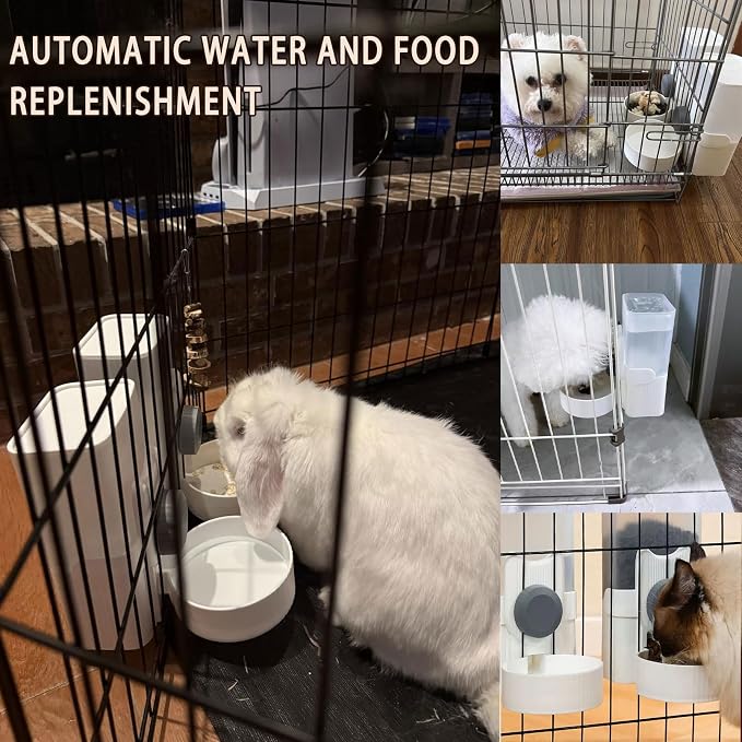 kathson Rabbit Feeder for Cage,Bunny Water Bottle,Pet Food Dispenser,Grey | Gravity Automatic Guinea Pig Feeder Waterer Set,Hanging Small Pet Food Bowl Feeding Station for Ferret Chinchilla Cat Puppy