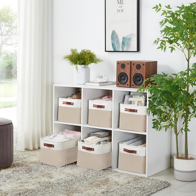 DECOMOMO Storage Bins, Large Fabric Storage Baskets for Shelves 1 Pack | 15 x 11 x 9.5 inches Decorative Linen Closet Organizers (Beige & White)