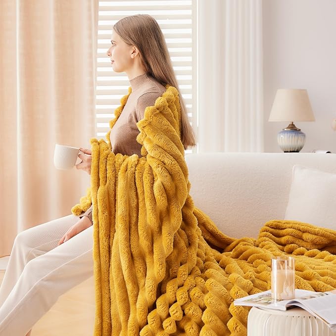 NEWCOSPLAY Fleece Ribbed Cozy Throw Blanket for Couch, Yellow, 50"x60" | Premium Silky Flannel Blanket, Soft Lightweight Fluffy Throw Blanket for Bed Sofa Decor, Gift for All Season Use
