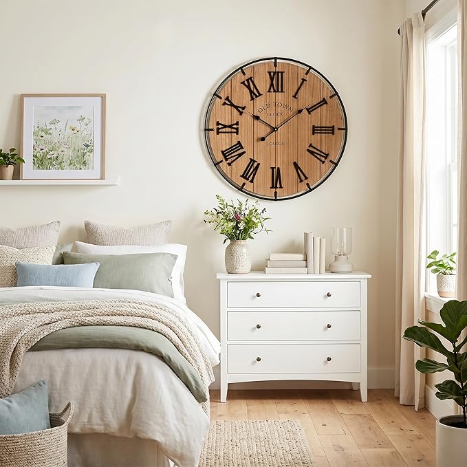 EMAX HOME Inch Large Farmhouse Wall Clock, 3D Raised Roman Numerals on Wooden Background, Silent Quartz Movement, Black Metal Frame for Easy Reading in Entryway, Hallway, or Dining Room
