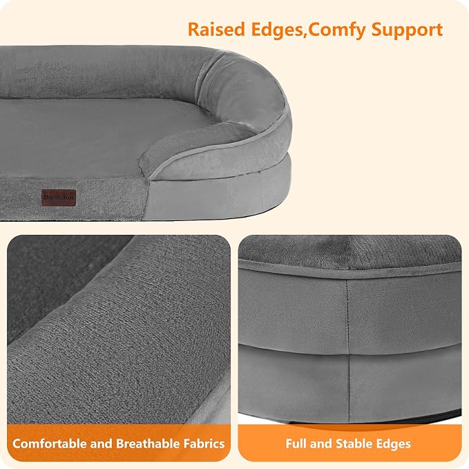 Dwanton Orthopedic Waterproof Medium Dog Bed Sofa, Gel Memory Foam, 36" | Egg-Crate Foam Dog Sofa, Washable Pet Bed with Four Sided Bolster Cushion, Removable Cover & Non-Slip Bottom, Medium Grey