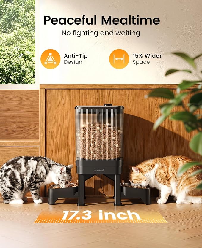 oneisall 5G WiFi Automatic Cat Feeder for 2 Cats, App Control, 32 Cups/7L | Elevated Bowls, Timed Meals, Feed Now, Feeding Logs, Slow Feed, Balanced Dispensing, Precise Portions, Easy-to-Clean