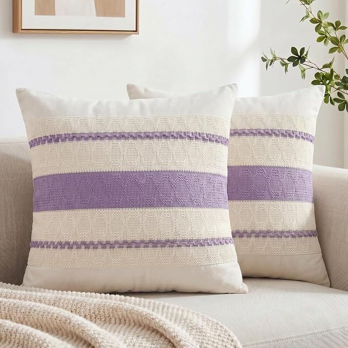 Fancy Homi Set of 2 Boho Lavender Decorative Throw Pillow Cover 20x20 Inch for Couch Bed Sofa, Aesthetic Modern Organic Farmhouse Home Decor, Soft Cotton Cute Accent Macrame Woven Cushion Case