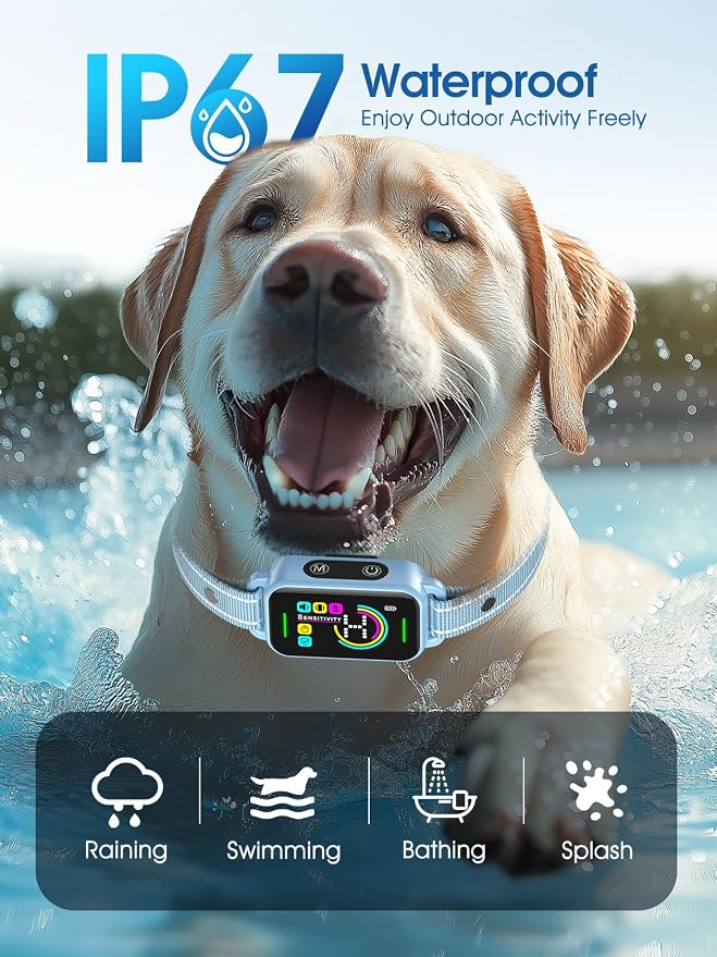 DINJOO Bark Collar for Large Medium Small Dogs - Smart AI 1S Stop Barking, Anti Barking Device & Dog Training Collar with Beep, Vibration & 8-Level Sensitivity, IP67 Waterproof - Paste Blue