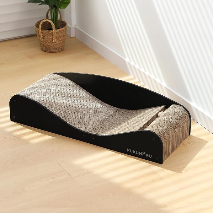 FUKUMARU Cardboard Cat Scratcher Bed, Extra Large 29.1 Inch Cat Scratch Pad | Cat Scratching Bed Couch Indoor, Natural Felt Multifunctional, Horizontal Kitten Scratch Bed Lounger With Ball Toy, Black