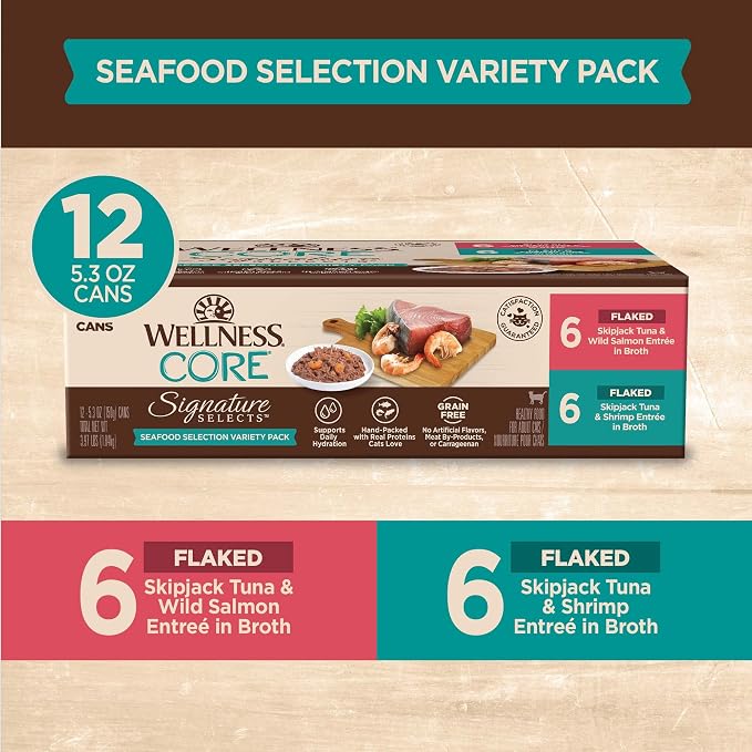 Wellness CORE Signature Selects Variety Pack Adult Canned Wet Cat Food, Natural, Protein Rich, Grain Free, Seafood Recipes, 5.3 oz, Pack of 12 Cans