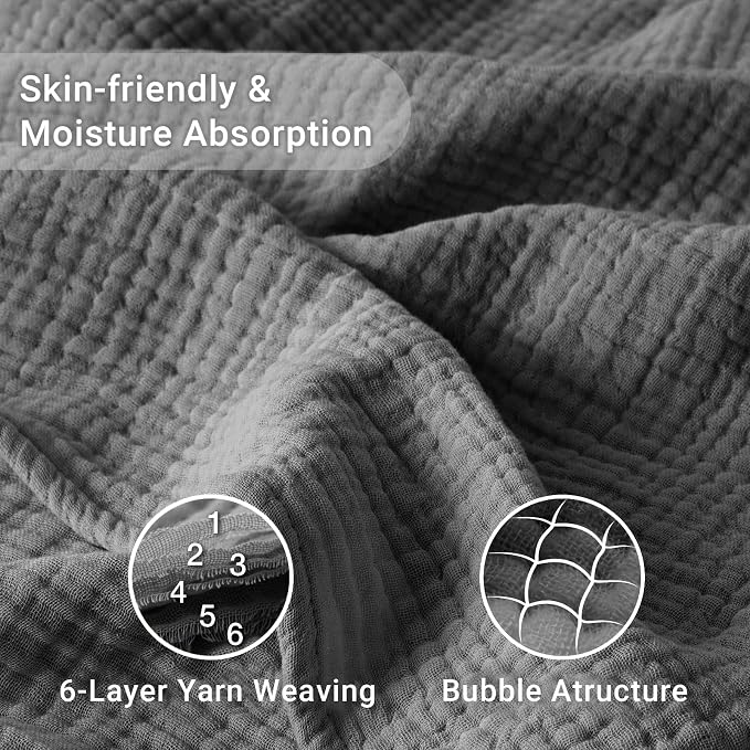 100% Cotton Muslin Blanket Large 50" x 70", Breathable and Lightweight Cotton Throw Blanket for Bed and Couch, Soft Cooling Summer Gauze Blanket for Adults All Season, Dark Grey