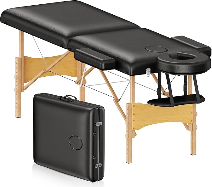 Brelley Massage Table Portable Wooden Lash Bed Adjustable Height 2-Fold Spa Table Foldable Tattoo Bed (Black)