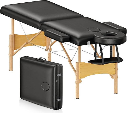 Brelley Massage Table Portable Wooden Lash Bed Adjustable Height 2-Fold Spa Table Foldable Tattoo Bed (Black)