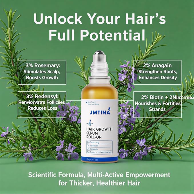 Hair Growth Serum Roll On | 3% Rosemary, 3% Redensyl & 2% AnaGain Complex | + Biotin & Niacinamide | Fast-Absorbing No-Rinse Treatment for Thinning Hair in Women & Men (1 Fl Oz Pack of 1)