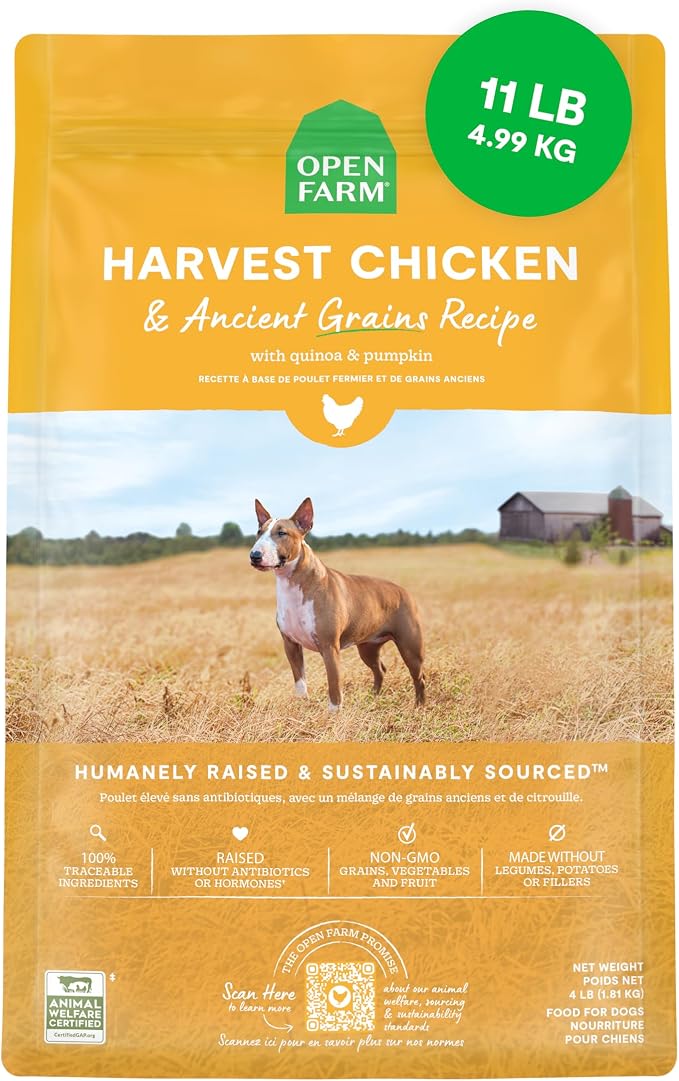Open Farm Ancient Grains Dry Dog Food, Harvest Chicken Kibble, 11lb Bag | All Life Stages, All Breed Sizes, Protein-Rich & Nutrient Dense, 100% Traceable Ingredients, Non-GMO Fruits & Veggies.