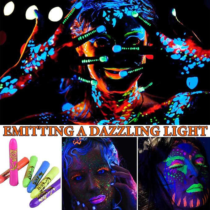 6 Pcs Glow in the Dark Face Body Paint,Blacklight Neon Face & Body Paints,Easily Cleanable Paint Set Neon Makeup Glow in the Dark Party Supplies A