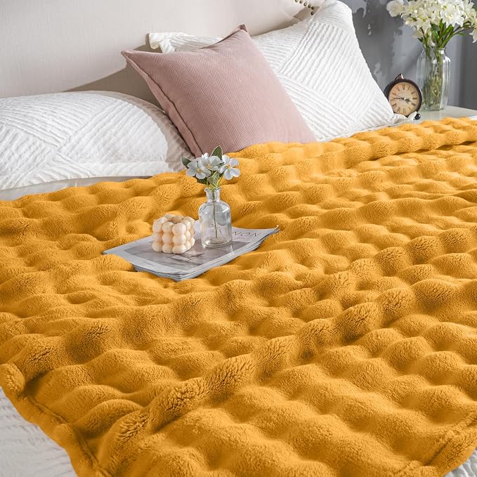 Yellow Throw Blanket for Couch, Soft Fluffy Bubble for Bed Sofa, Thick Warm Plush Fuzzy Rabbit Fur Blanket for Neutral Home Decor, 50"X 60"