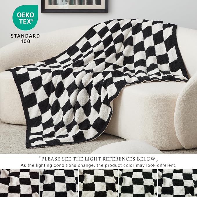 EXQ Home Checkered Throw Blanket, Knitted Blankets with Checkerboard Grid Pattern, Soft Cozy Fluffy Throw for Couch Bed Sofa, Warm Fuzzy Plaid Blanket for All Seasons,Black, 50"×60"