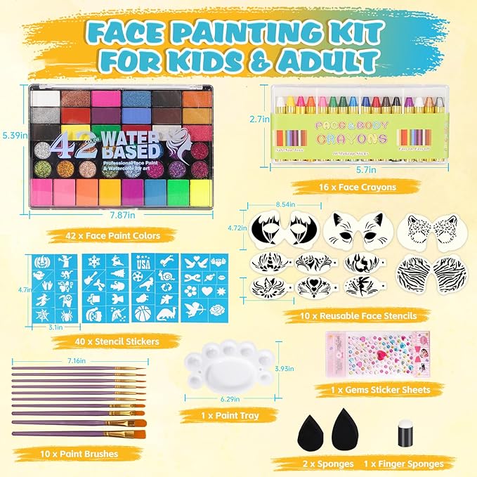 Face Painting Kit for Kids - 42 Colors Washable Face Paint Professional Face Paint Kit, with Brushes, Stencils, Palette, Gems, Crayon, Non-Toxic Body Makeup for Kids (Face Painting Kit)
