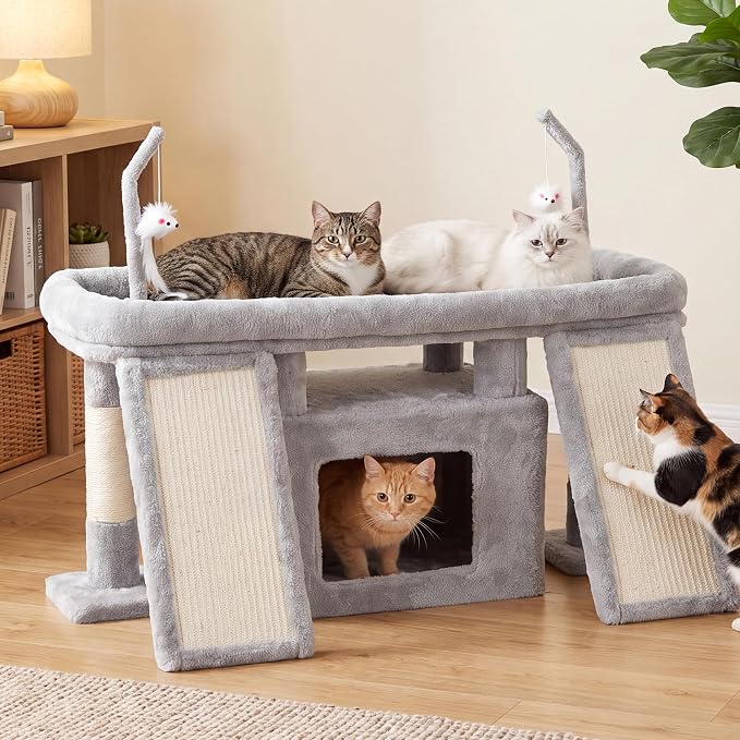 Heybly Cat Tree Extra-Long & Stable 2 Adjustable Scratch Boards HCT210SW | Easy-Climb Cat Tower with Dual-Leg Floor Condo, Sturdy Cat Furniture with Extra Wide Platform & Interactive Toys, Light Gray