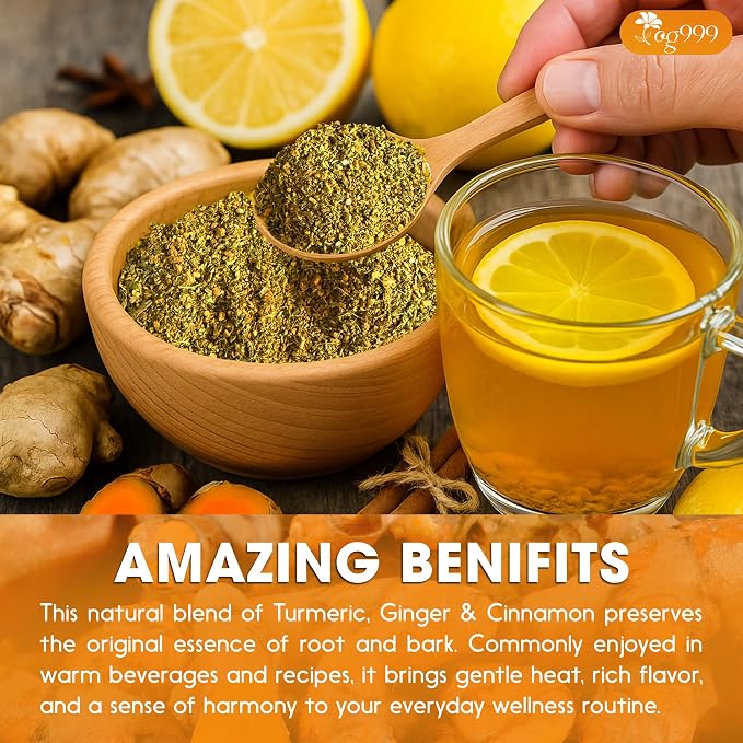 TOG999, Premium 6oz Ginger Turmeric Cinnamon Loose Leaf Herbal Tea - Premium Quality Spiced Herbal Blend – Caffeine-Free, Non-GMO, Natural Dried Roots and Bark. Vegan-Friendly.