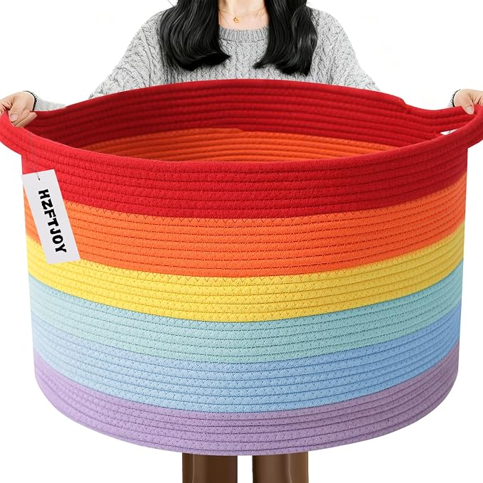 115L Large Blanket Basket,Rope Woven Laundry Basket-Rainbow | Collapsible, reinforced handles, nursery storage bin organizes clothes, toys and pillows for living room, bedroom bathroom