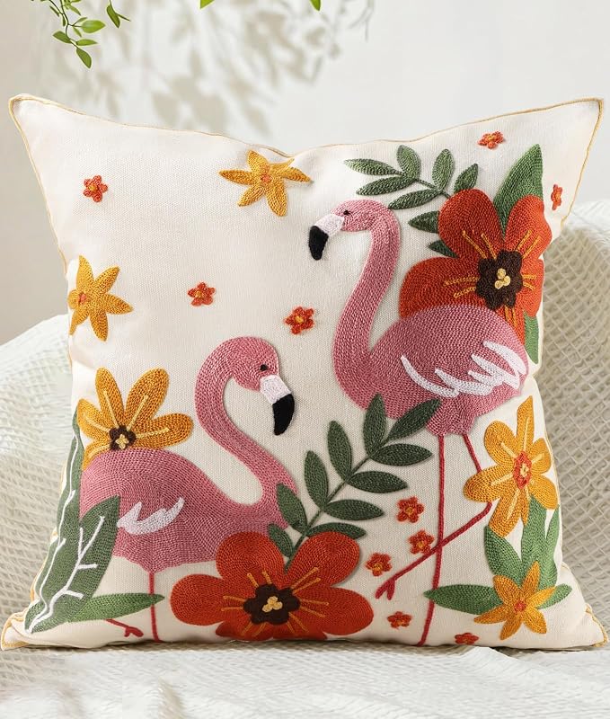 Animal Embroidered Throw Pillow Cover 18x18 Inch, Flamingos Floral | Decorative Pillow Cover, Boho Floral Cushion Cases with Hidden Zipper, Cottagecore Decor for Couch, Sofa, Living Room