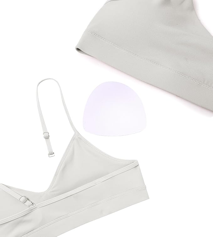Oalka V Neck Sports Bra for Women Adjustable Padded Thin Straps Wireless Yoga Bras