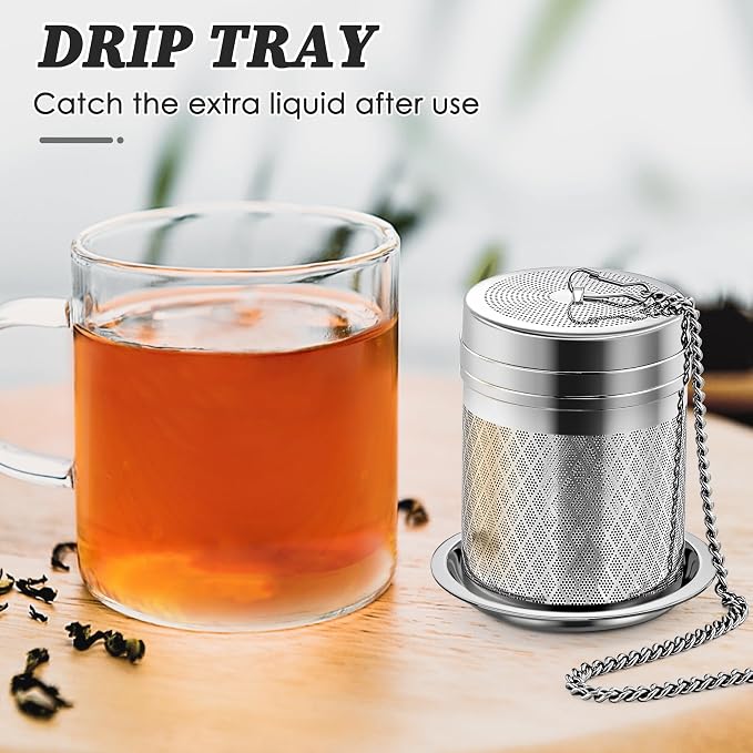 Yoassi Tea Infusers for Loose Tea, 2 Pack Extra Fine Mesh Tea Strainers, 18/8 Stainless Steel Loose Leaf Tea Steeper Tea Diffusers with Extended Chain Hook and Drip Tray