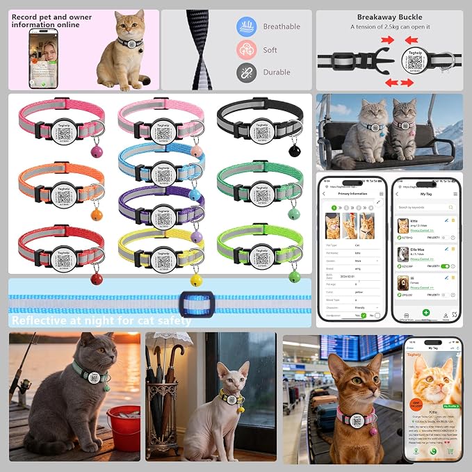 2 Pack Breakaway Cat Collar with QR Code & Bell, Reflective Safety Collar with Never-Lost Digital ID Tag, Adjustable 7.5-12.5 Inch for Indoor Outdoor Cats (Purple & Pink)