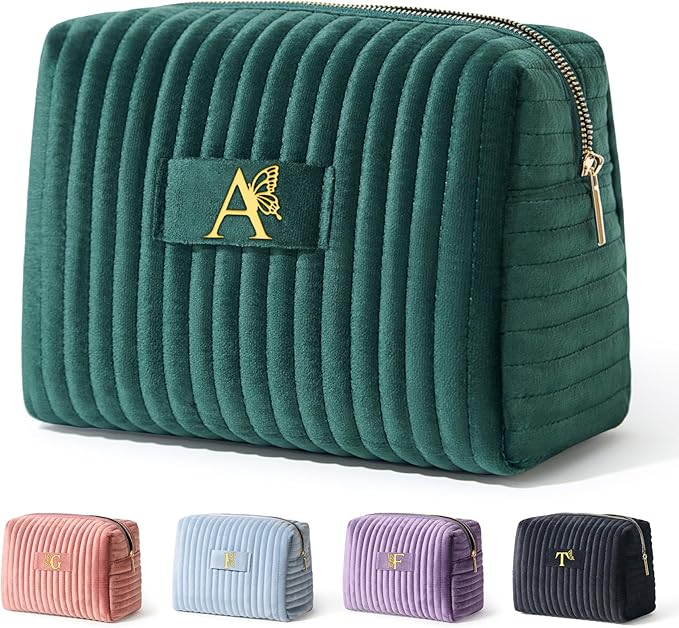COSHAYSOO Mom Birthday Gift Ideas Mother of the Bride Valentines Gifts for Mama New Mommy from Daughter Travel Makeup Bag Quilted Make Up Cosmetic Pouch Aesthetic Monogram Green Initial Letter A