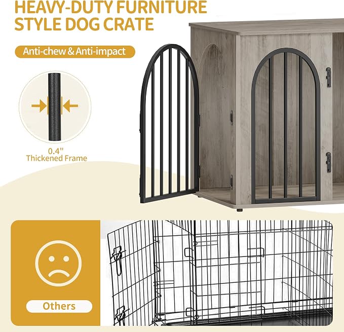 Hzuaneri 26.8'' Dog Crate Furniture, Dog Kennel Indoor for Small Dogs | Dog Kennel Furniture Wooden Dog Cage Heavy Duty Dog Crate Decorative Pet House End Side Table TV Stand,Greige Black DFC85505B