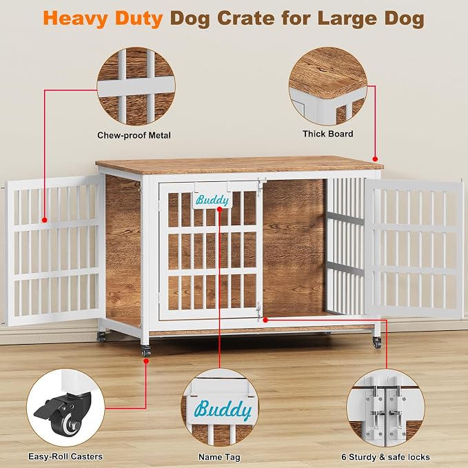 EasyCom 46"/42"/33" XXL Heavy Duty Dog Crate Furniture with Casters | Dog Kennel Indoor with Name Tag, Escape-Proof and Chew-Proof Dog Cage for Large High Anxiety Dog, as End Table