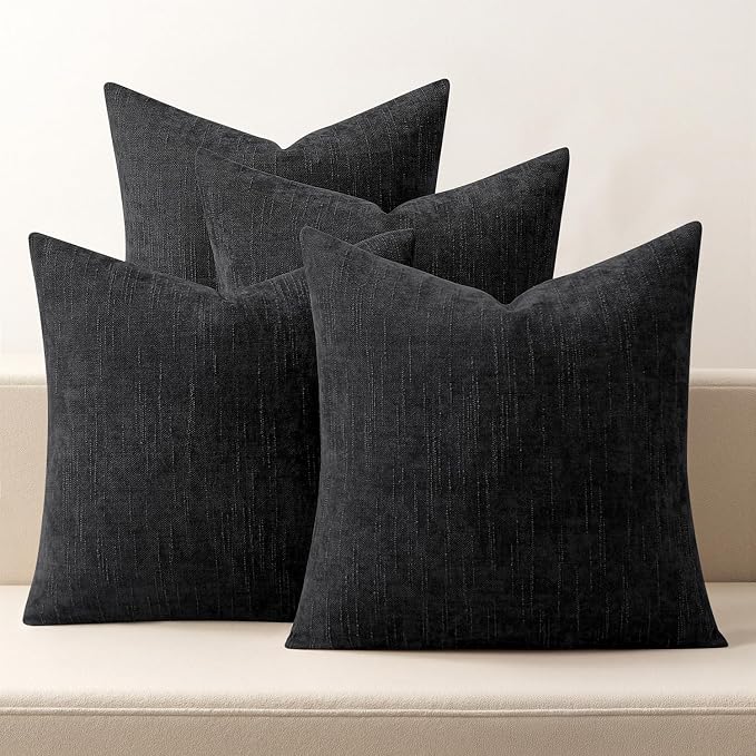 MIULEE Pack of 4 Fall Decorative Throw Pillow Covers 18x18 Inch Chenille Textured Throw Pillows Boho Farmhouse Rustic Cushion Covers Vintage Home Decor for Couch Sofa Bed Living Room，Black