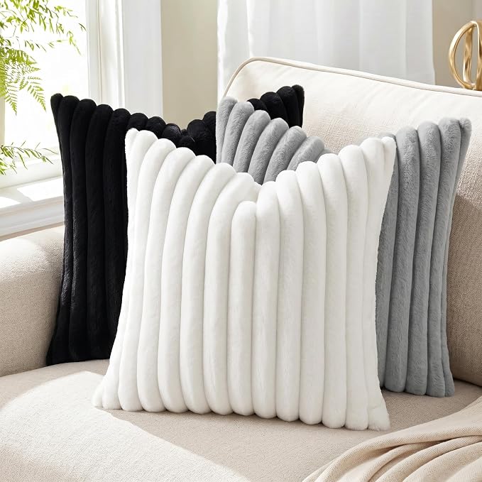 Pallene Faux Fur Decorative Throw Pillow Covers 26x26 Set of 2, Black | Luxury Plush Texture, Striped Design, Cozy Soft Touch, Modern Home Accent Decor for Couch, Sofa, Bed, Living Room