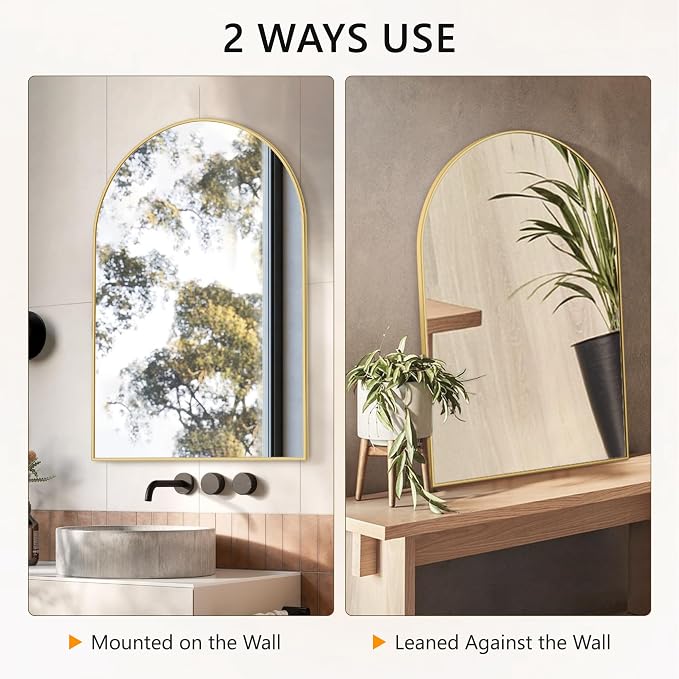Arched Bathroom Mirror for Wall, 36" x 24" Metal Frame Vanity Mirror, Gold | Aluminium Alloy Frame, HD Shatterproof Glass, for Bathroom Over Sink , Entryway, Bedroom, Living Room