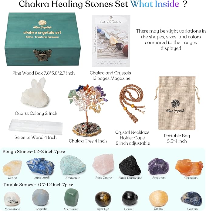Crystal Stones Chakra Set Authentic Natural Raw Crystals Gemstones Kit Spiritual Gift - Quartz Colony Selenite Wand Rose Quartz Reiki Yoga Meditation
