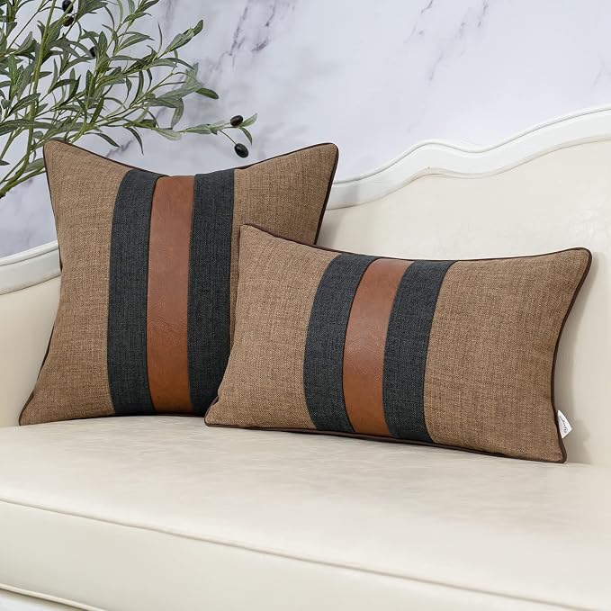 Patchwork Pillow Cover 18x18 Inch Luxury Cotton and Linen Cushion Cover Faux Leather Pillowcover for Couch Bedroom Living Room, Brown